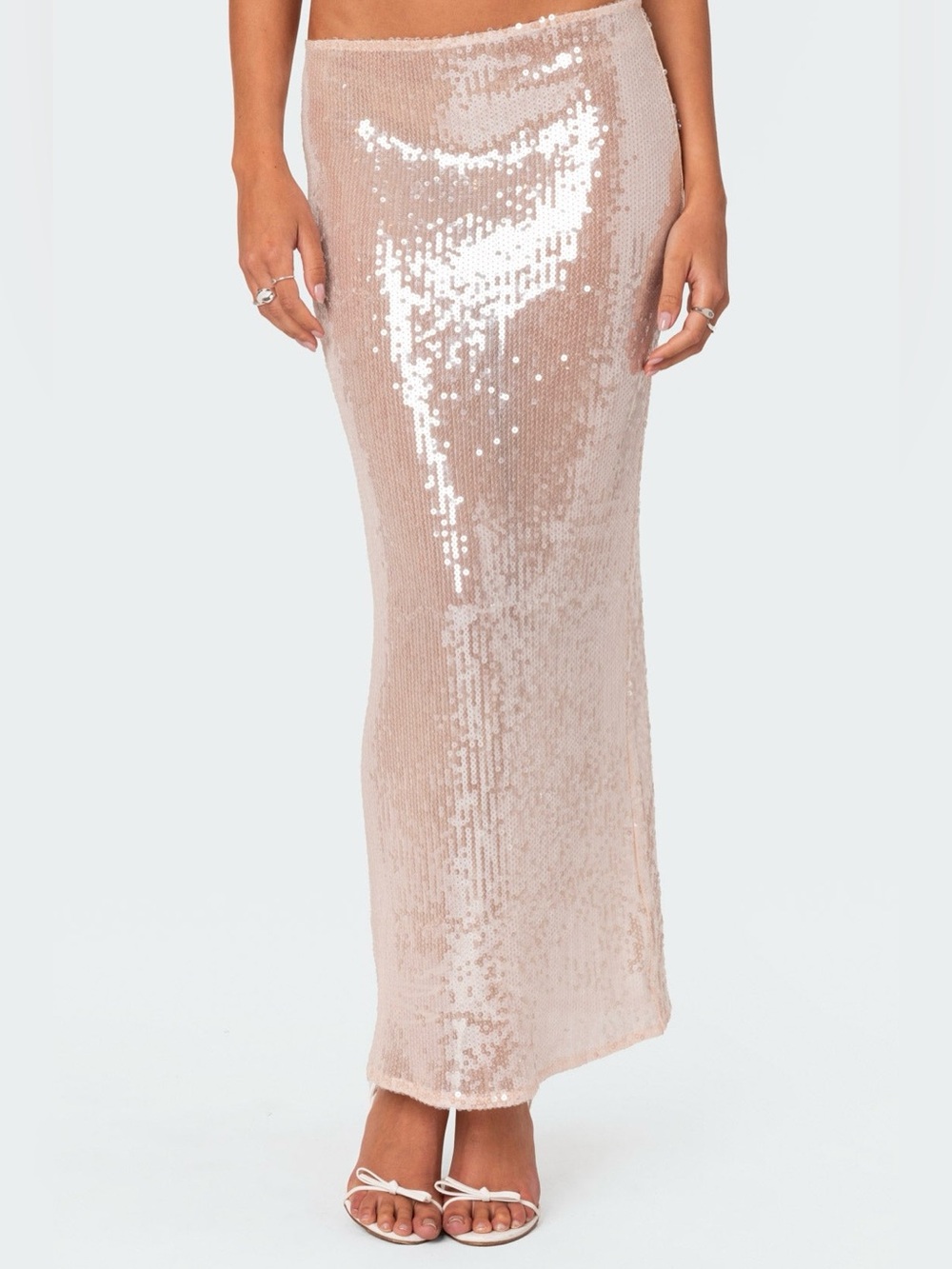 NEW Edikted “Riki” Sheer Sequin Maxi Skirt Light Pink Nude Low Waist